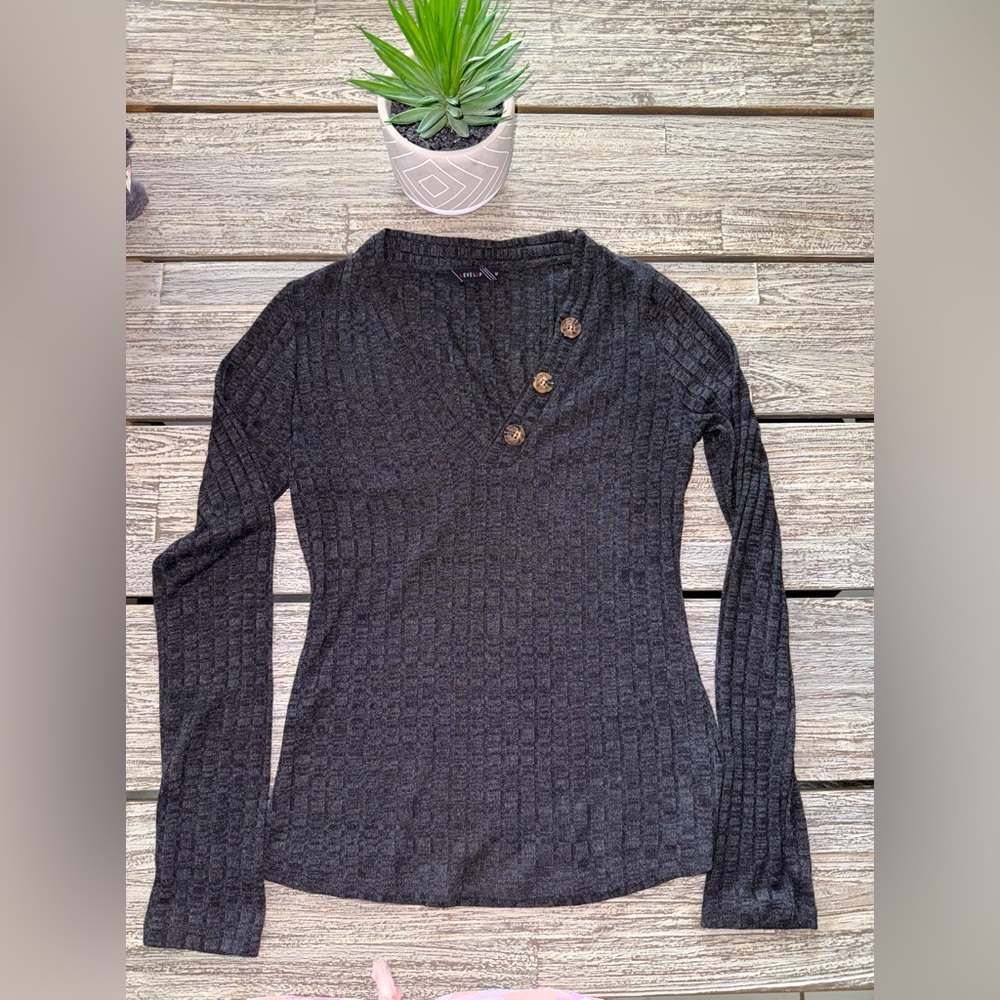 Women’s V Neck Sweater Top, Heather Gray, Sz Medium